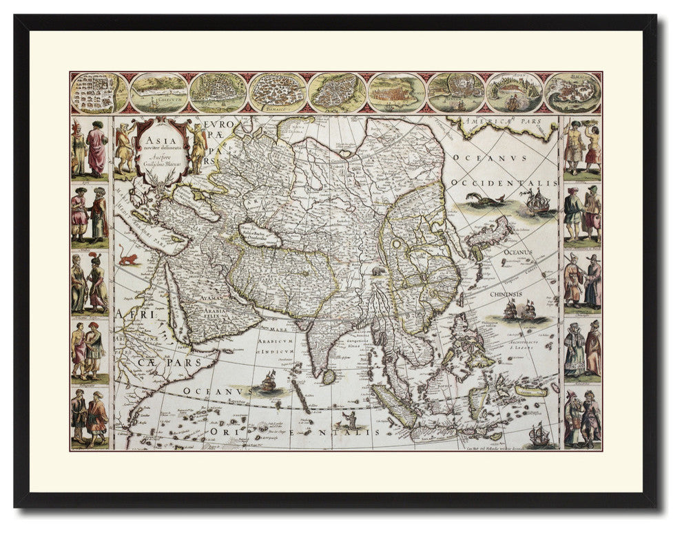 Asia Vintage Map Print On Canvas With Picture Frame 28" X 37"