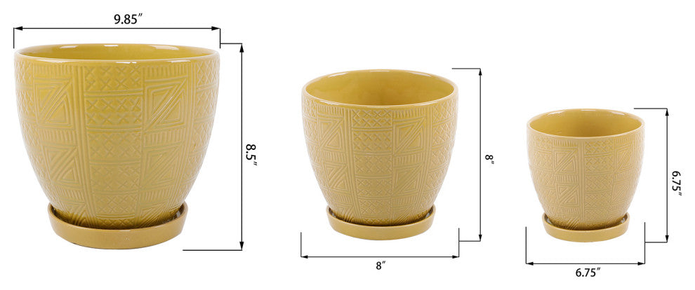 Gl Mustard Hiero Ceramic Pot On Saucer Set of 3