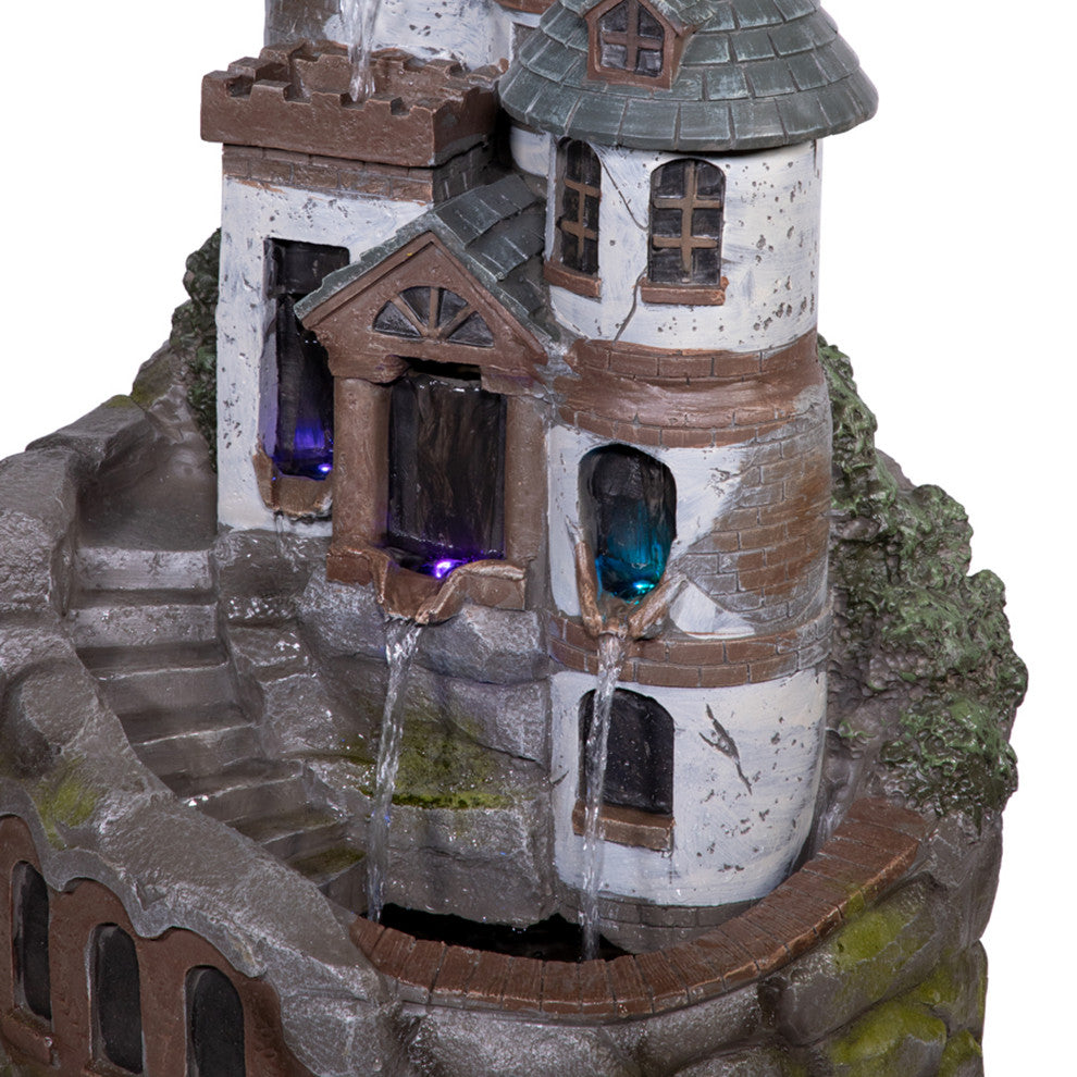 35" Tall Outdoor Tower Castle Fountain with Color Changing LED Lights