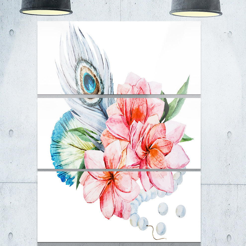 "Flowers and Peacock Feather" Glossy Metal Wall Art, 3 Panels, 28"x36"