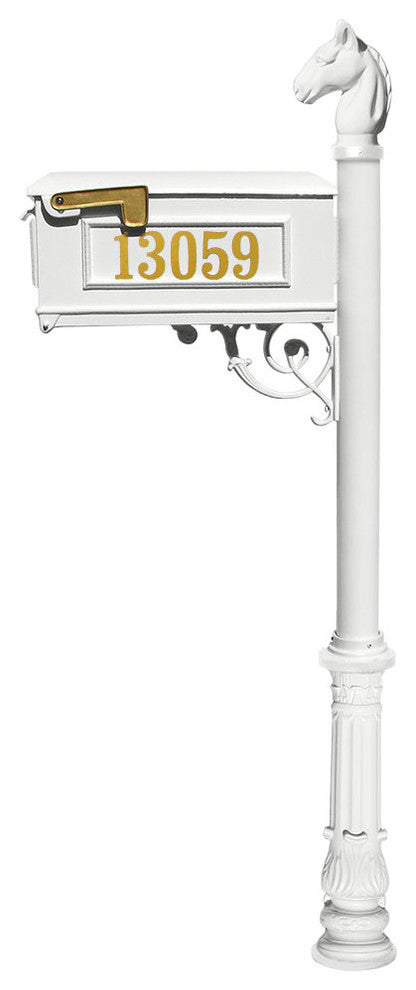 Mailbox Post System-Decorative Ornate Base-Gold Vinyl Personalized Number, White