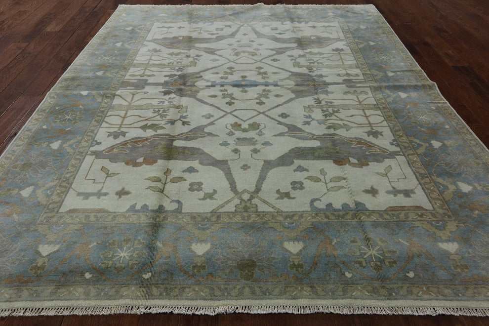 Oushak Ivory/Blue Border 8'x10' Geo-Floral Hand Knotted Wool Area Rug