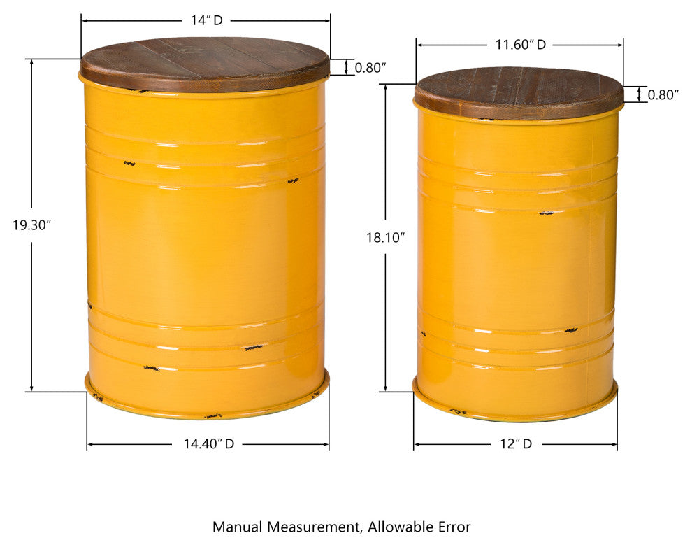 Farmhouse Metal With Solid Wood Seat Storage Stool, Set of 2, Yellow