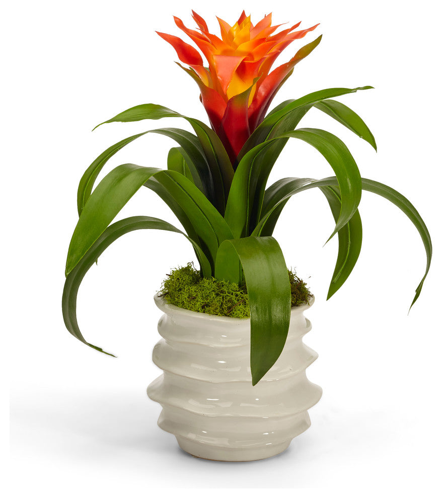 Artificial bromeliad in white wavy container - yellow, Orange