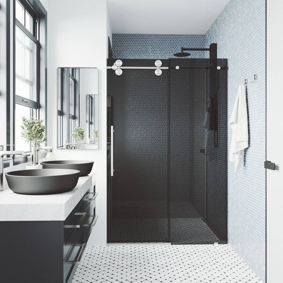 VIGO Elan 68" to 72" W x 74" H Frameless Sliding Shower Door, Stainless Steel, Black Tint Glass