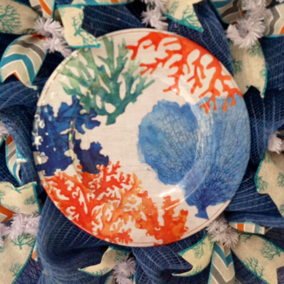 Coral Reef Decorative Plate Beach Or Coastal Handmade Deco Mesh Wreath