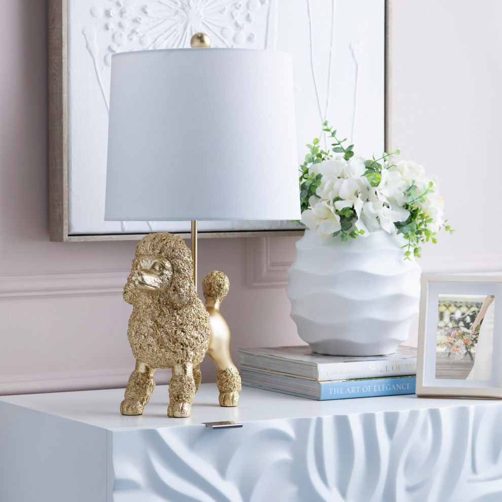 23" Gold Resin Poodle Dog Table Lamp With White Drum Shade