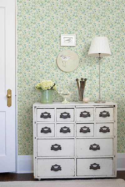 Floral Watercolor Wallpaper, Teal and Gold, Bolt