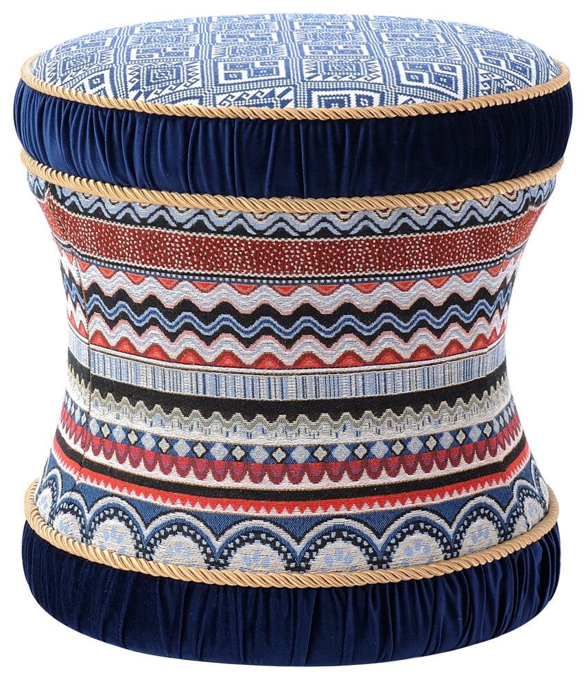Leona 18" Decorative Vanity Stool Ottoman, Blue Velvet Multicolored Pattern