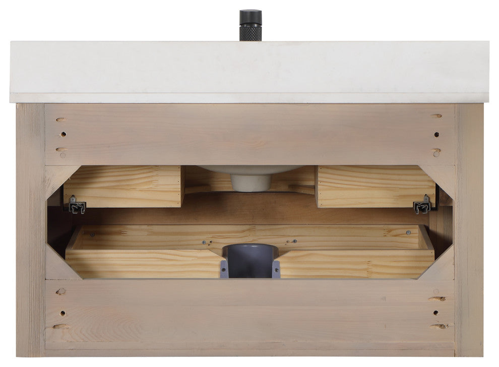 Cristo Floating Bath Vanity With Stone Top, Fir Wood Brown, 36in., No Mirror