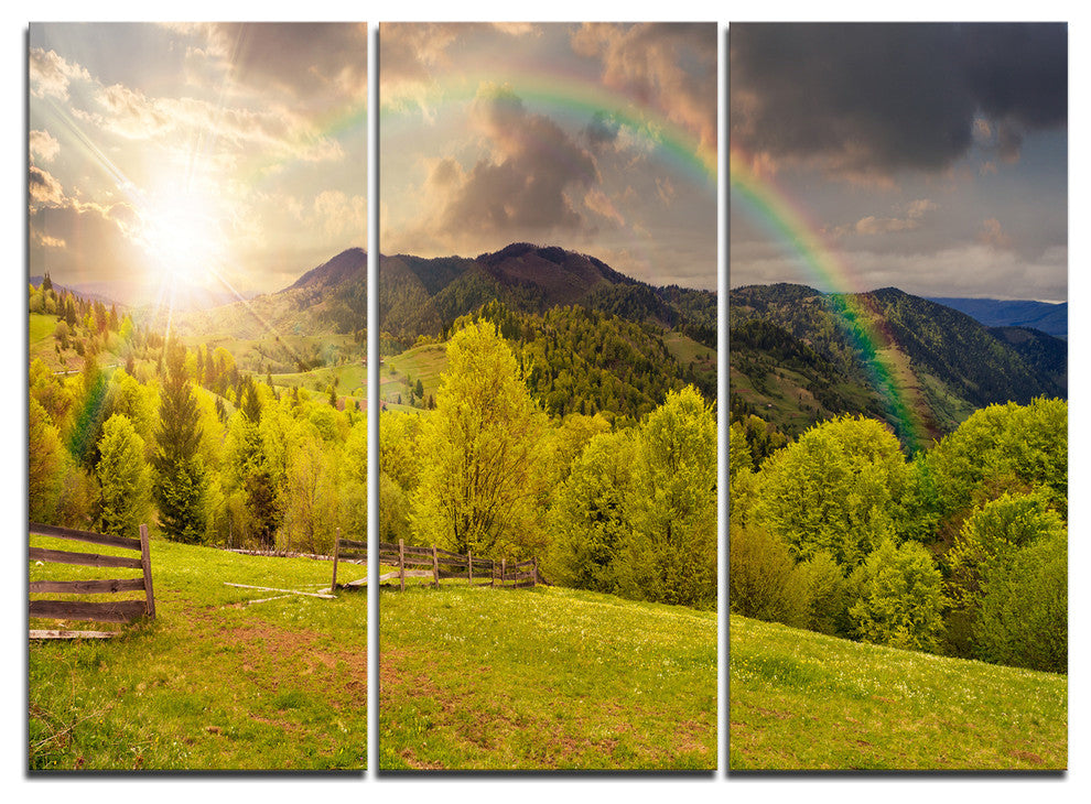 "Fence on Hillside Meadow Panorama" Metal Wall Art, 3 Panels, 36"x28"