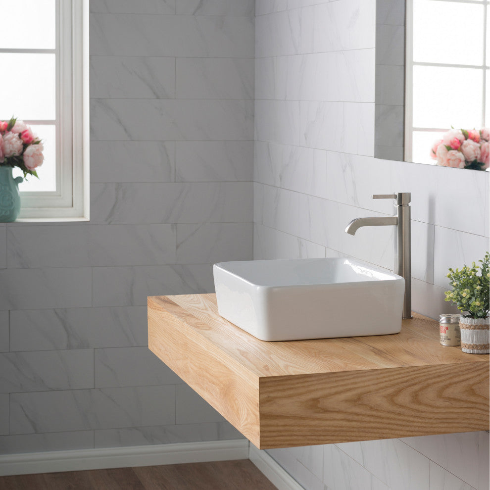 Elavo Square Ceramic Vessel Sink, Bathroom Ramus Faucet, PU Drain, Satin Nickel