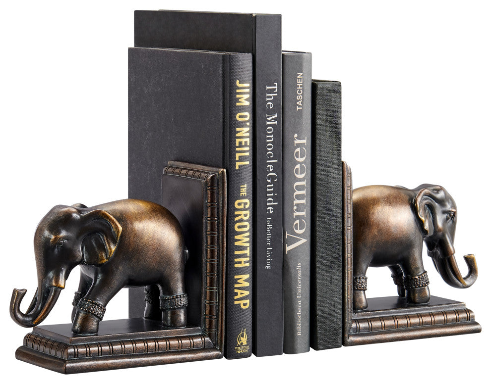 Danya B. Ornate Elephants Polyresin Bronze Patina Finish Bookend Set of 2