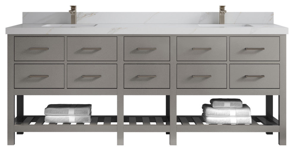 Parker 84" Double Sink Bath Vanity, Elephant Skin Gray 2" Calacatta Sienna