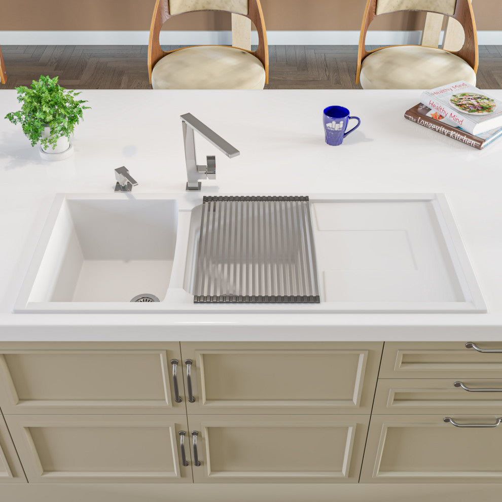 ALFI brand AB4620DI-W White Granite Composite Kitchen Sink with Drainboard