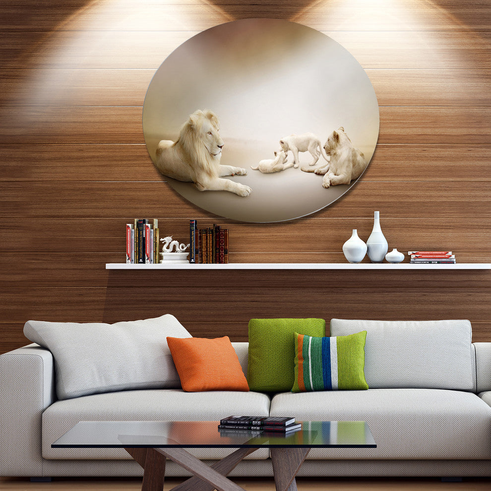 White Lion Family, Animal Large Disc Metal Wall Art, 36"