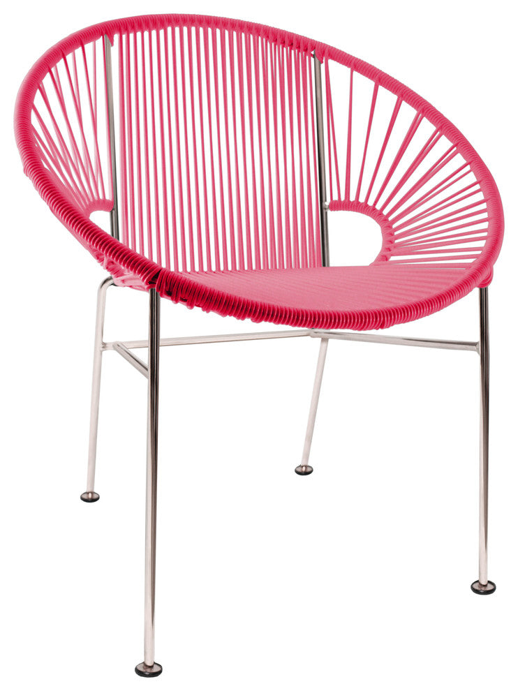 Concha Indoor/Outdoor Handmade Dining Chair, Pink Weave, Chrome Frame