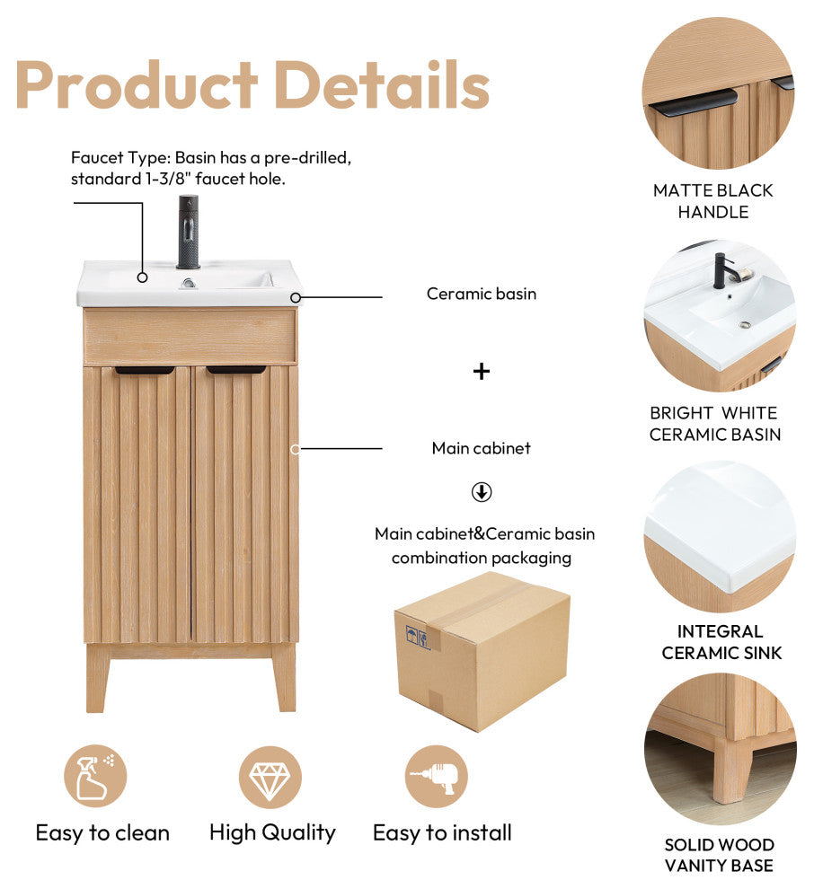 Palos Bathroom Vanity, Fir Wood Brown, 18", Ceramic Top, No Mirror