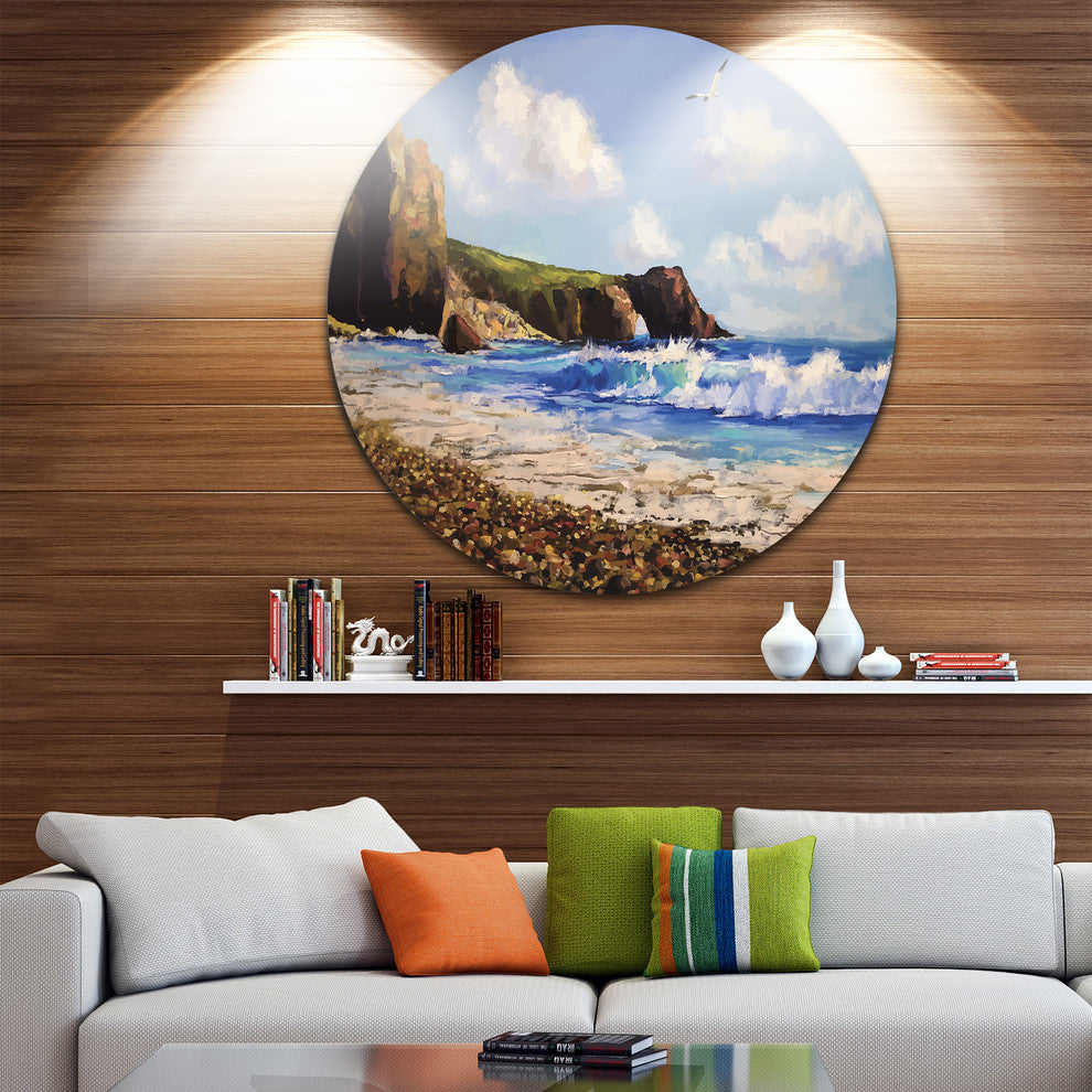Sea With Seagull, Landscape Disc Metal Wall Art, 11"