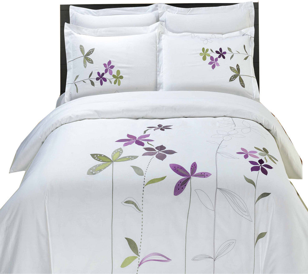 South Garden 5PC Embroidered Duvet Cover Set, White, Full/Queen