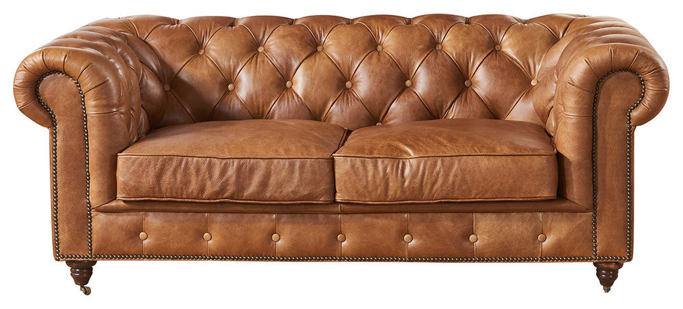 Leather Chesterfield Love Seat, Light Brown