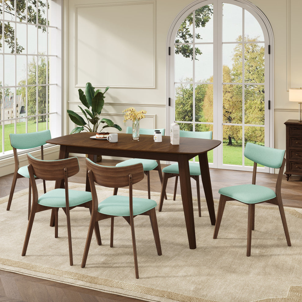 GDF Studio 7-Piece Mid-Century Dining Set, Table & 6 Chairs, Mint/Walnut