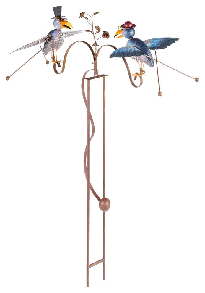Metal Rustic Two Old Crows Balancing Garden Stake Outdoor Yard Art