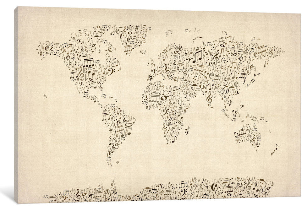 "Music Notes Map Of The World" Wrapped Canvas Print, 40x26x1.5