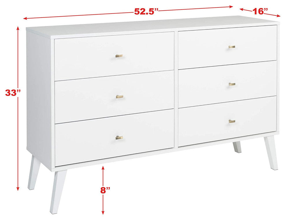 Mid Century Modern Dresser, Tapered Legs and 6 Drawers With Brass Knobs, White
