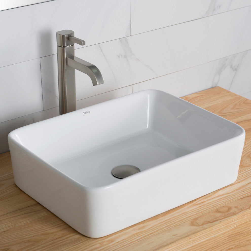 Elavo Square Ceramic Vessel Sink, Bathroom Ramus Faucet, PU Drain, Satin Nickel