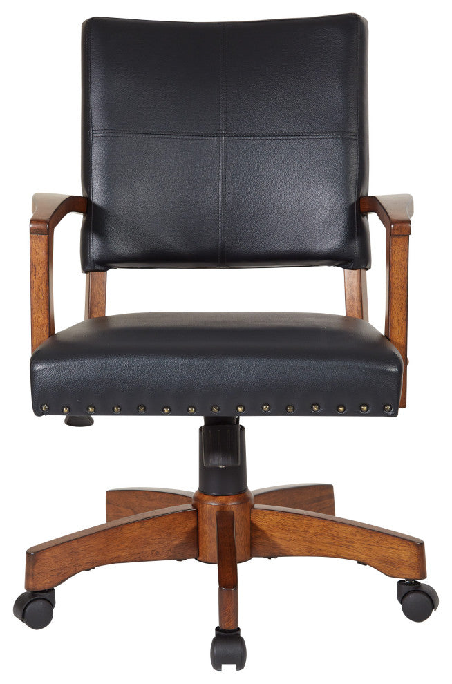 Deluxe Wood Bankers Chair, Black Faux Leather With Antique Bronze Nailheads, Bla