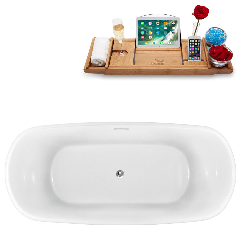 67" Black Freestanding Tub and Tray With Internal Drain, Oval Shaped