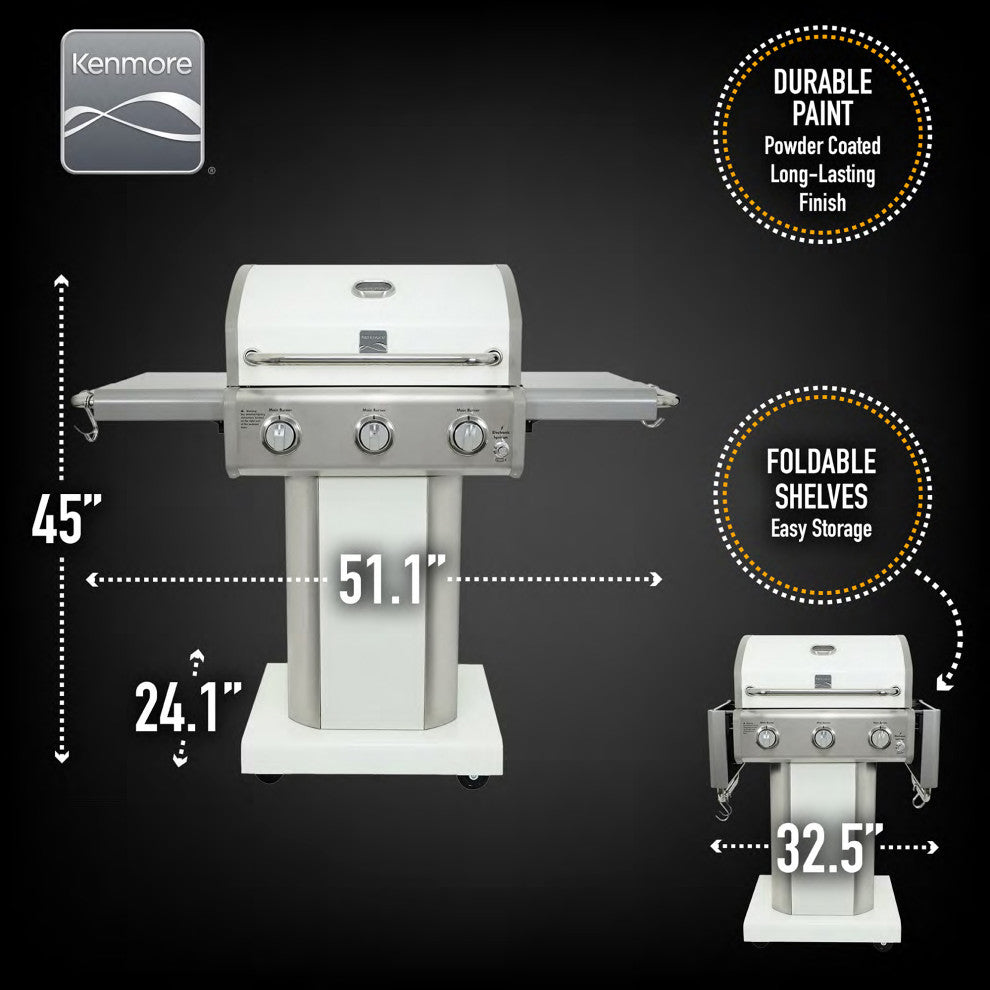 Kenmore 3 Burner Gas Grill with Side Shelves, Pearl