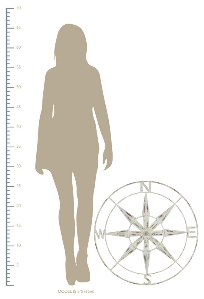 HomeRoots Nautical Compass Metal Wall Decor With Distressed White Finish