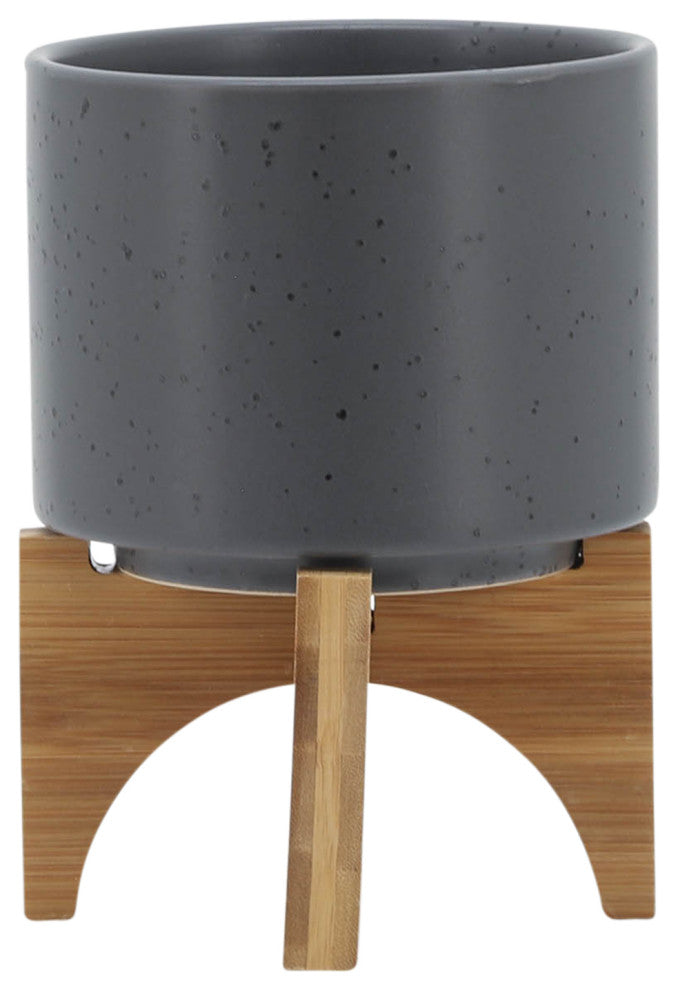 5" Planter With Wood Stand, Matte Gray