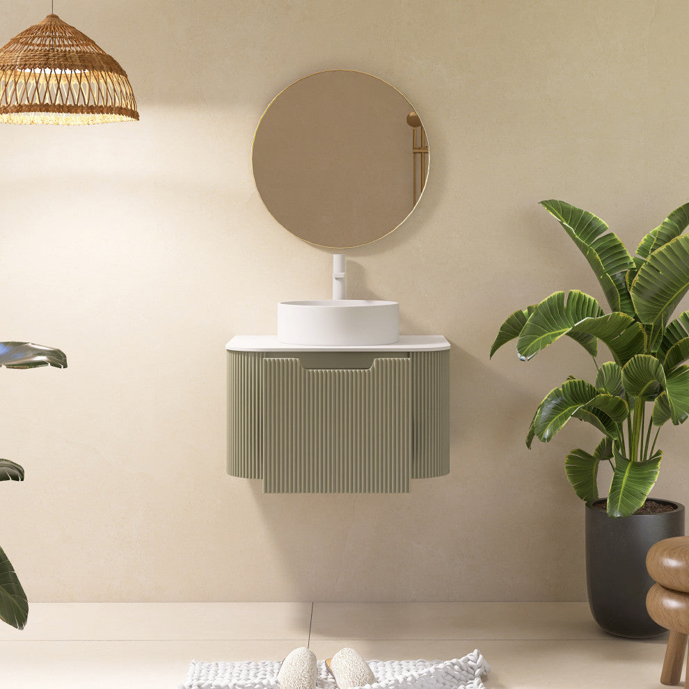 Wall-Mounted Bathroom Vanity With White Round Ceramic Basin, Light Green, 24"