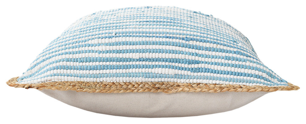 Bright Blue and White Striped Jute Bordered Throw Pillow