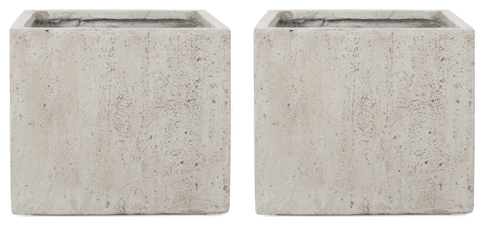 Felipe Outdoor Cast Stone Square Planters, Set of 2, White, Large
