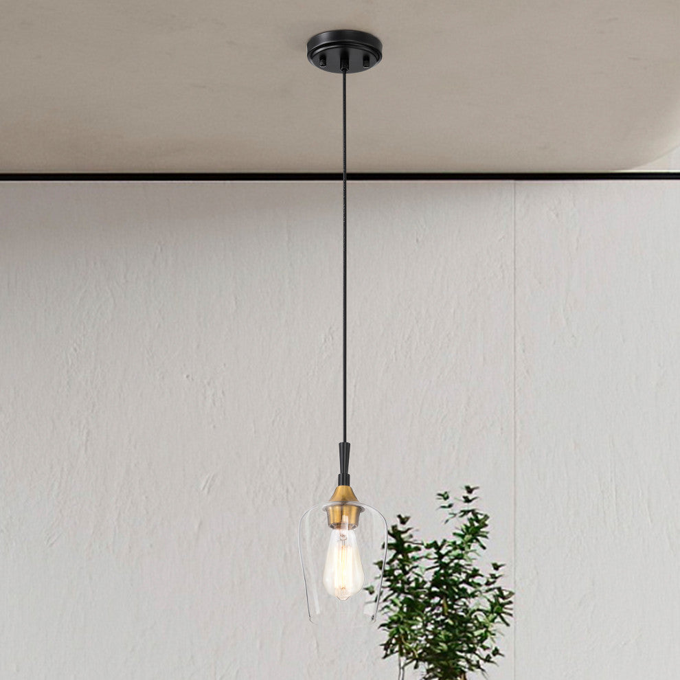 1-Light Black and Antique Brass Modern Mini Pendant With Clear Glass Shade