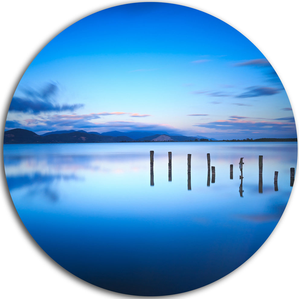 Jetty Remains In Blue Sea, Seascape Photo Round Wall Art, 36"