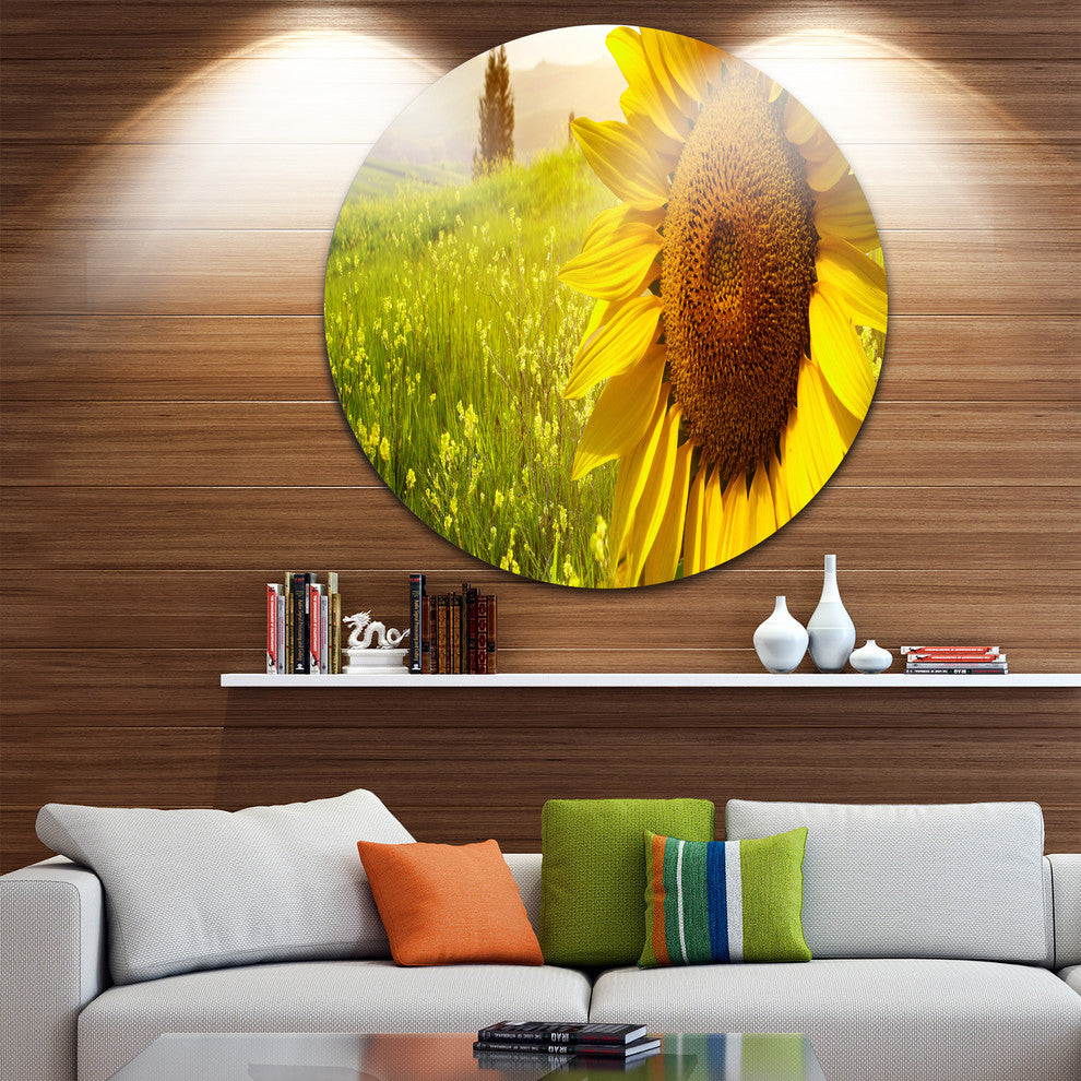 Yellow Field With Big Sunflower, Landscape Art Round Metal Artwork, 11"