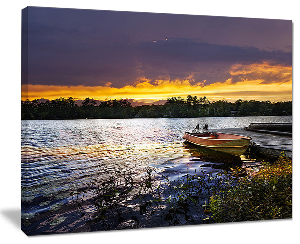 "Boat Docked in Lake At Sunset" Modern Seashore Canvas Art, 40"x30"