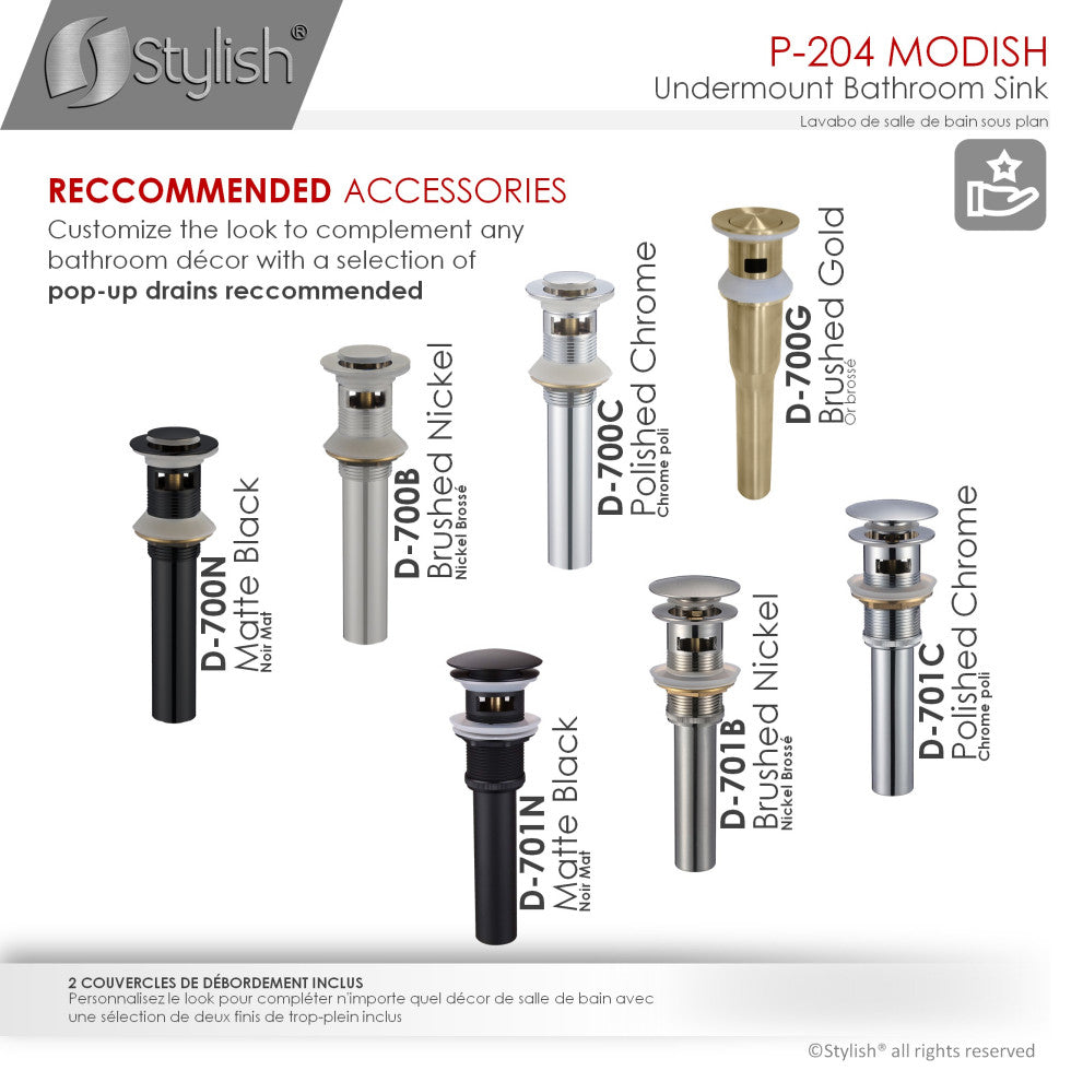 STYLISH 20" Rectangular Undermount Ceramic Bathroom Sink, 2 Overflow Finishes