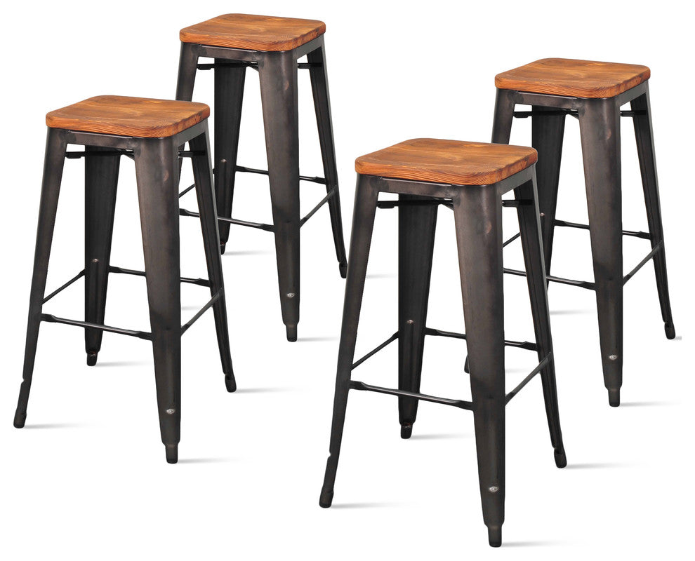 Metropolis Backless Stool, Set of 4, Gunmetal, Bar Stool, Wooden