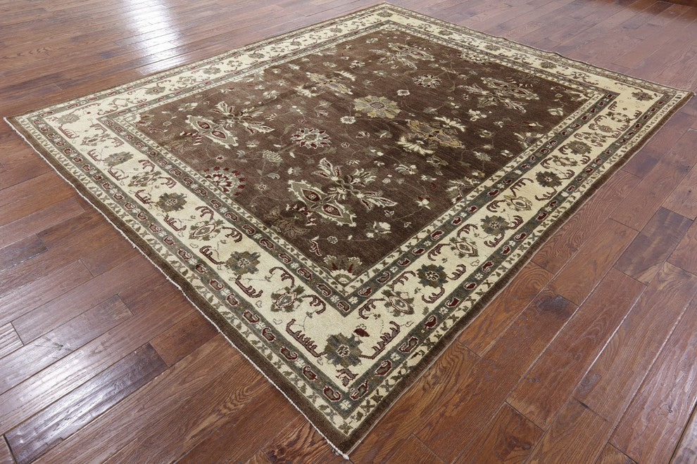 Chobi Peshawar Quality Brown Hand-Knotted Oushak Wool Rug, 8'x10'