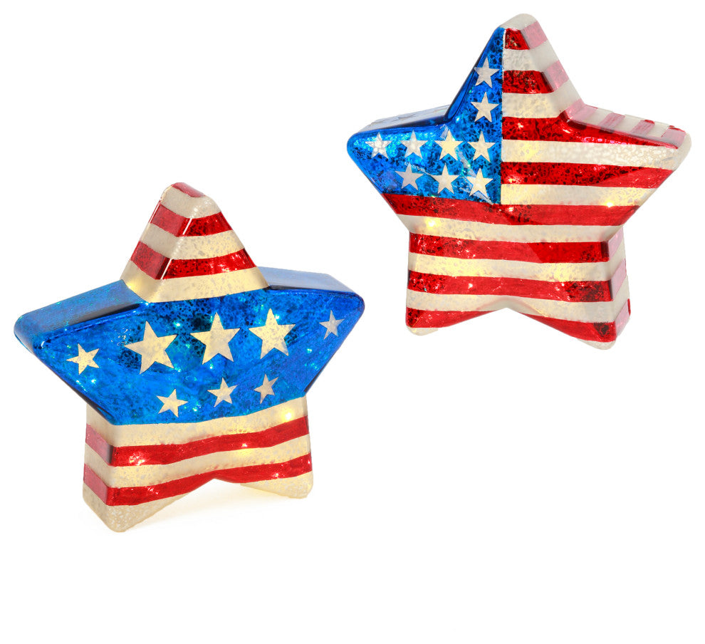 Set of 2 Battery-Operated Mercury Glass Americana Stars With Timer Feature