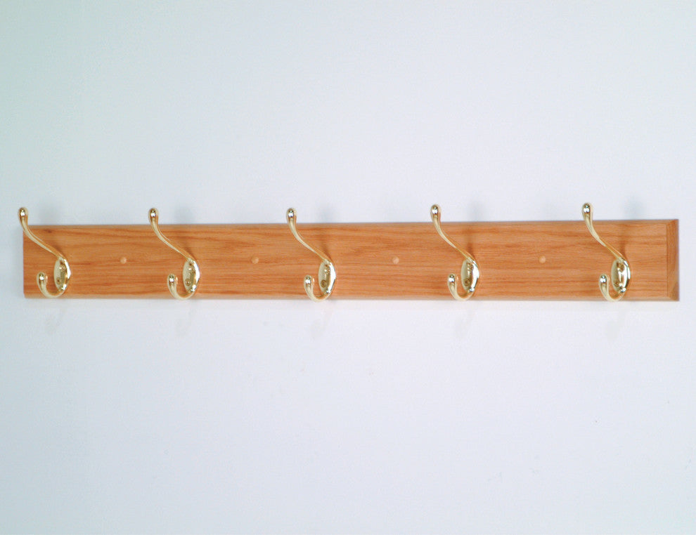5 Hook Coat Rack, Light Oak, Light Oak/Bright Brass