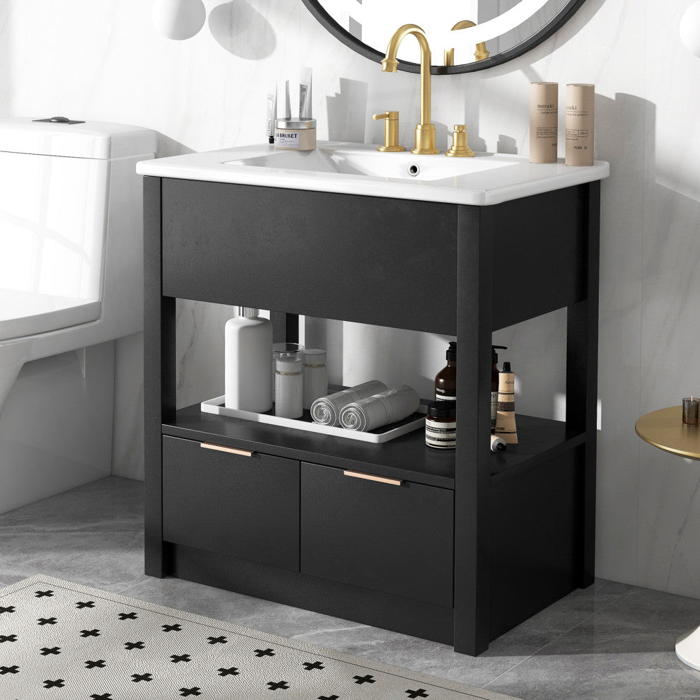 GDF Studio 30"W Vanity With Ceramic Sink, Open Shelf & Two Drawers, Black