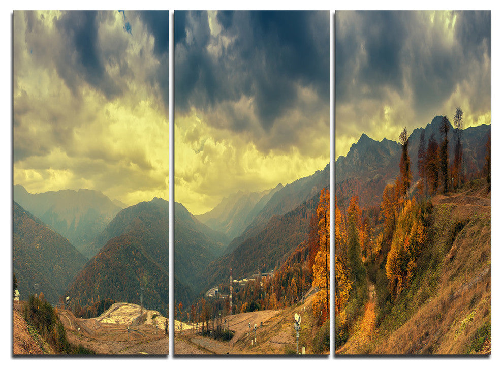 "Caucasus Mountains Yellow Panorama" Metal Wall Art, 3 Panels, 36"x28"