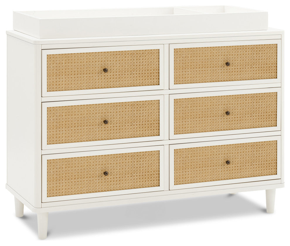 Marin With Cane 6 Drawer Assembled Dresser, Warm White/Honey Cane
